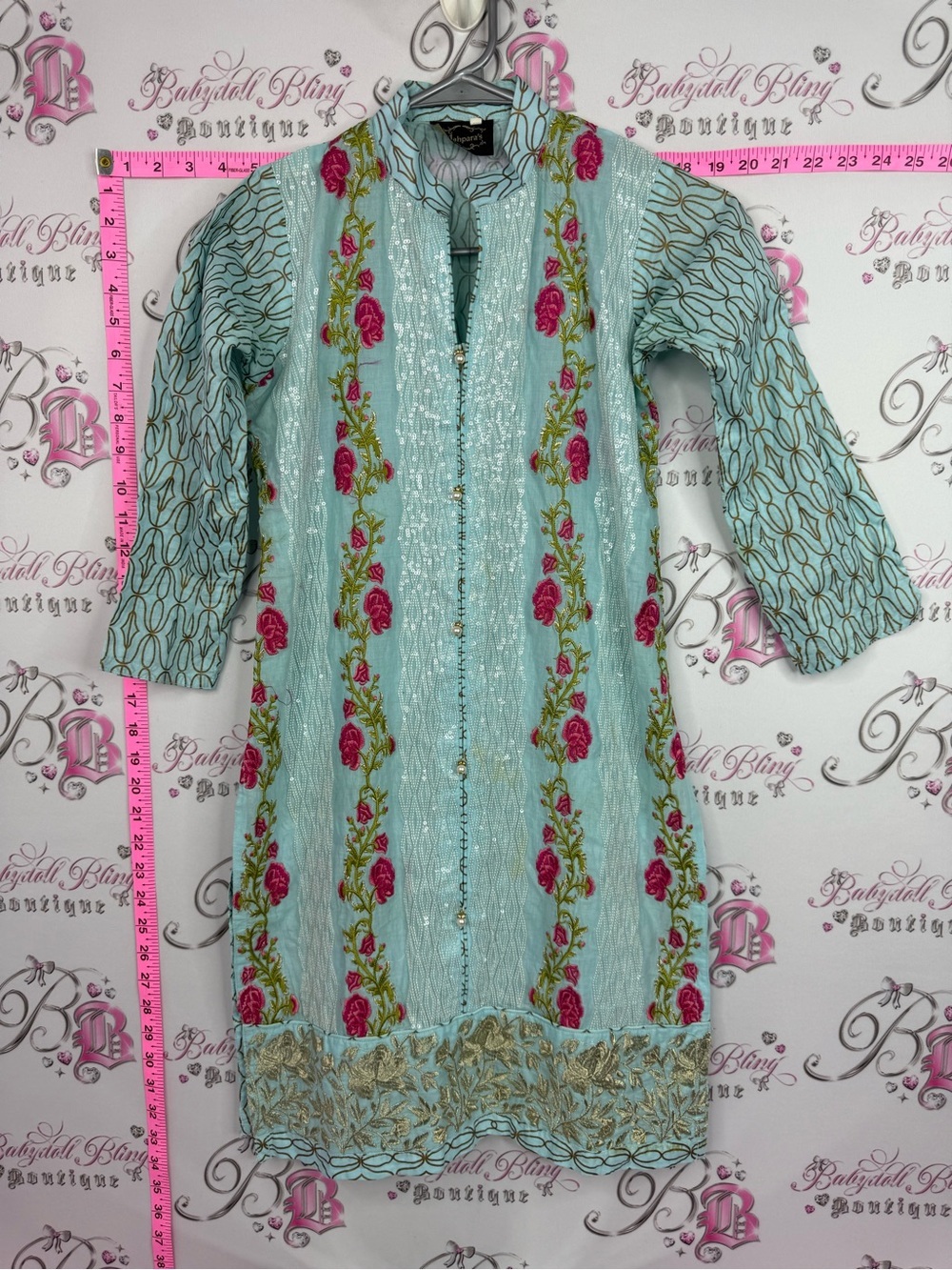 Dress embroidered pearls Mint Green Embroidered Tunic with Pink Rose Detailing